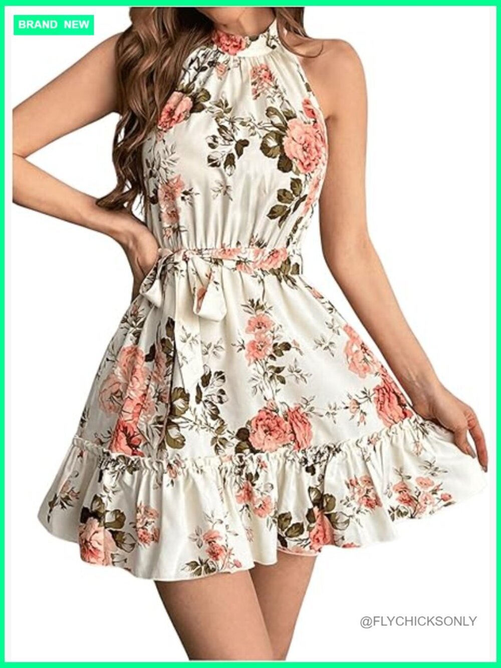 Floral Print Halter Dress Sleeveless Ruffle A Line Mini with Belt